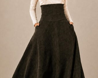 Dark Khaki Wool Maxi Skirt, High-Waisted Victorian-Inspired Full-Circle Silhouette with Pockets