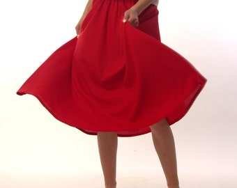 Beautiful Romantic Linen Skirt With Gathered Elastic Belt, Red Summer Midi Skirt With Front Big Pockets, Linen Clothing, Plus Size Skirts