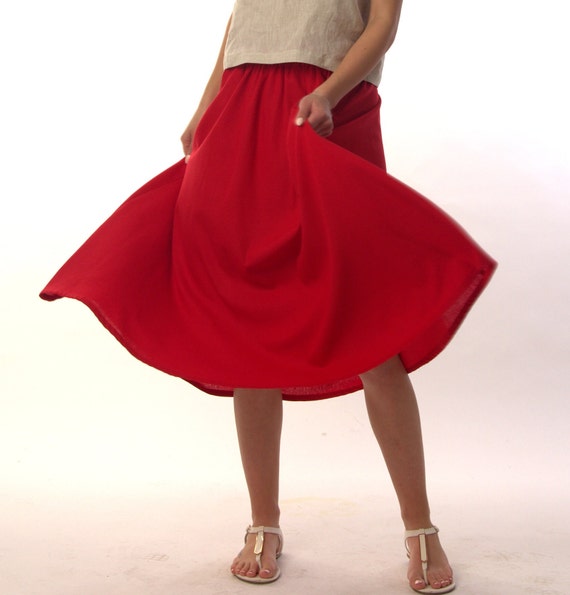 Beautiful Romantic Linen Skirt With Gathered Elastic Belt, Red Summer Midi Skirt With Front Big Pockets, Linen Clothing, Plus Size Skirts