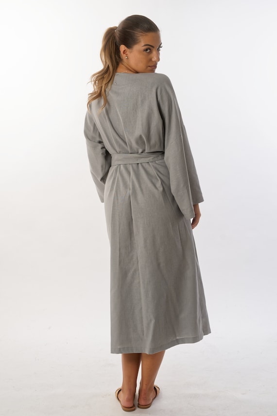 Long Linen Kimono Robe with Pockets for Men and Women, Minimalist Luxe Spa Robe or House Coat, Couple Summer Natural Linen Robe
