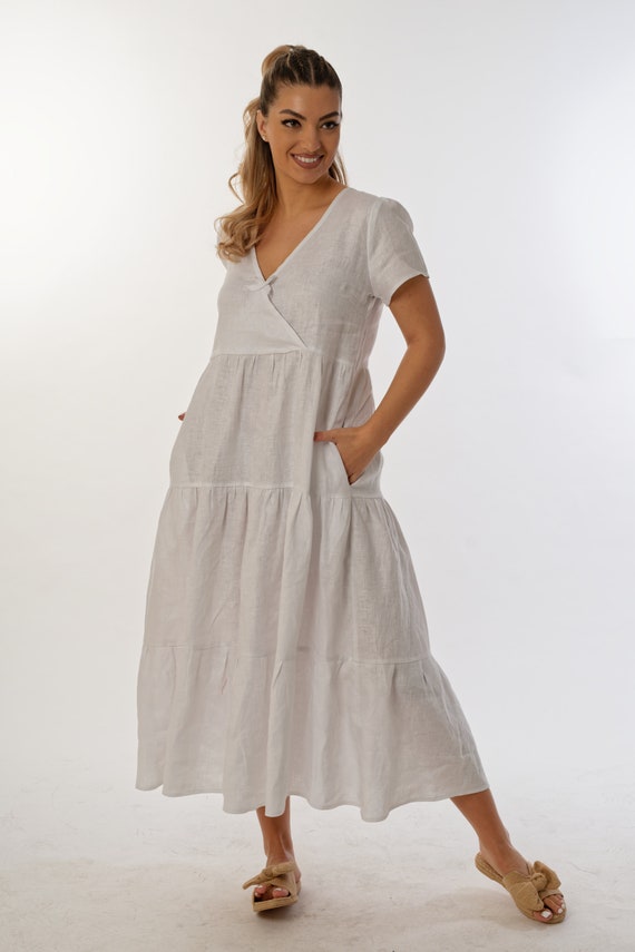 White Linen Dress With Three Ruffles,Plunge Neckline ,Side Pockets,Cute Short Sleeves,Plus Size Linen Clothing,Casual High Waist Loose Dress