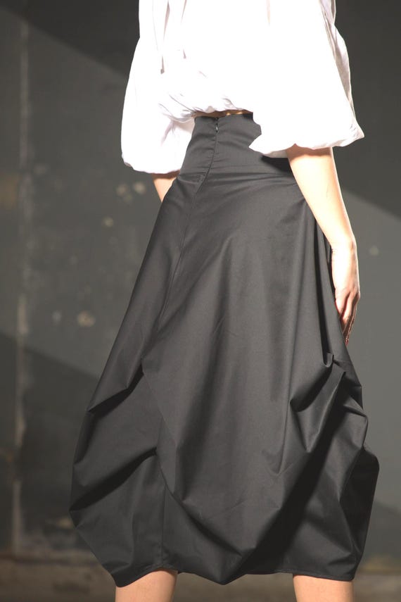 Asymmetric Black Avant-Garde Skirt with Draping, Pockets, Fixed Waist, Hidden Back Zipper, Futuristic Below Knee Length,Balloon Skirt