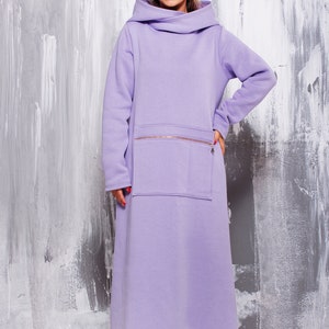 Lilac Maxi Hoodie Dress: Oversized Cotton Sweater with Zipper Pocket