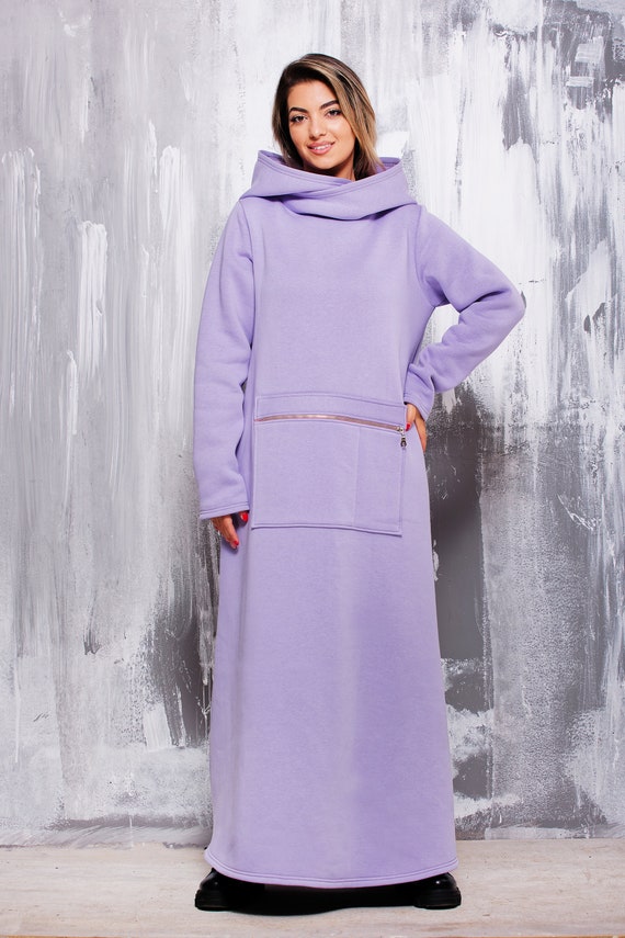 Lilac Maxi Hoodie Dress, Front Zipper Pocket, Extra High Neck, Baggy Oversized Sweater Dress, Relaxed Fit, Solid Color Jumper Dress