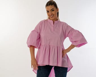 Blusa peplum de algodón rosa hecha a mano para mujer, top bohemio de verano, moda femenina sostenible.