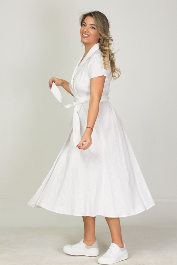 Cute linen dress with elegant shawl collar, short sleeve, side pockets and belted wrap, Wrap Linen Dress for Women, Boho Linen Dress Women
