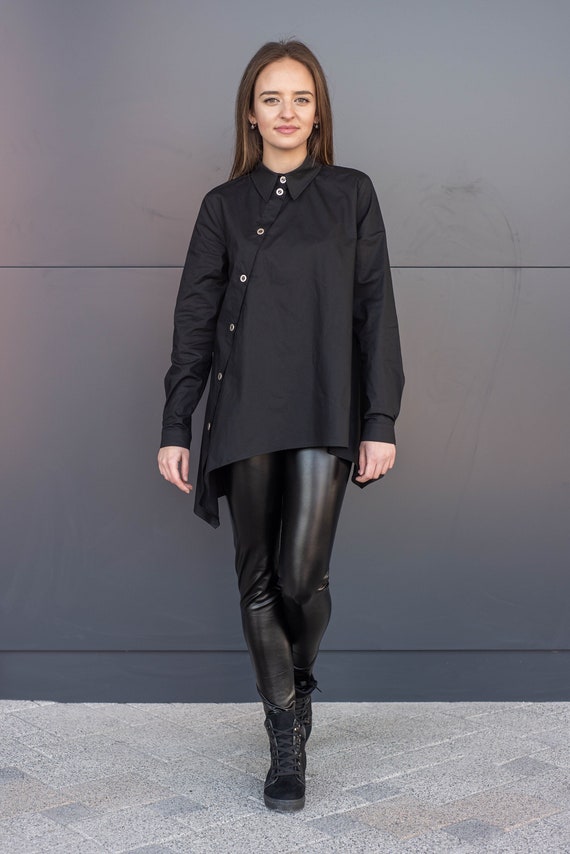Ultra-fashionable long sleeve cotton shirt with cuffs, asymmetric fastening, handmade tunic, A-line, perfect gift, Minimalist urban style.