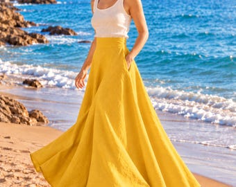 Mustard Linen Maxi Skirt, High Waist Flared Summer Skirt with Pockets