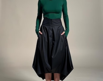 Avant Garde Asymmetric Balloon Skirt, Black Cotton Elastane Draped Midi Skirt