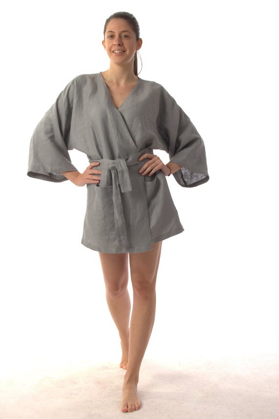 Linen Short Wrap Kimono Robe With Belts, Front Hidden Pockets, Scoop Neck, Wide Sleeves, Peignoir,Gray Color Jacket, Handmade Linen Clothing