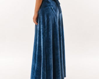 Denim Blue Velvet Maxi Skirt, High-Waist A-Line with Wide Tie Belt