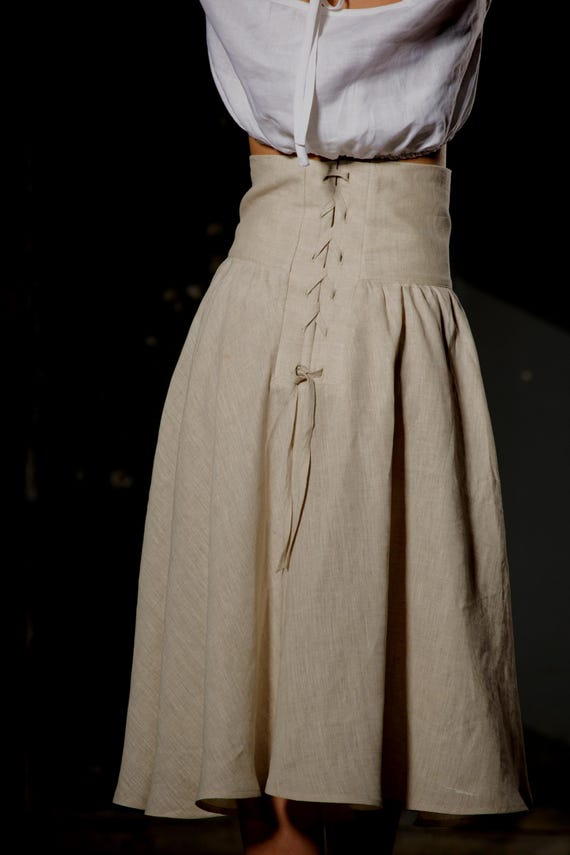 Romantic Linen Midi Skirt with Ultra High Waist Corset , Flirty, Feminine, Sexy Cottagecore Style , Summer Outfit for Women , Boho Chic