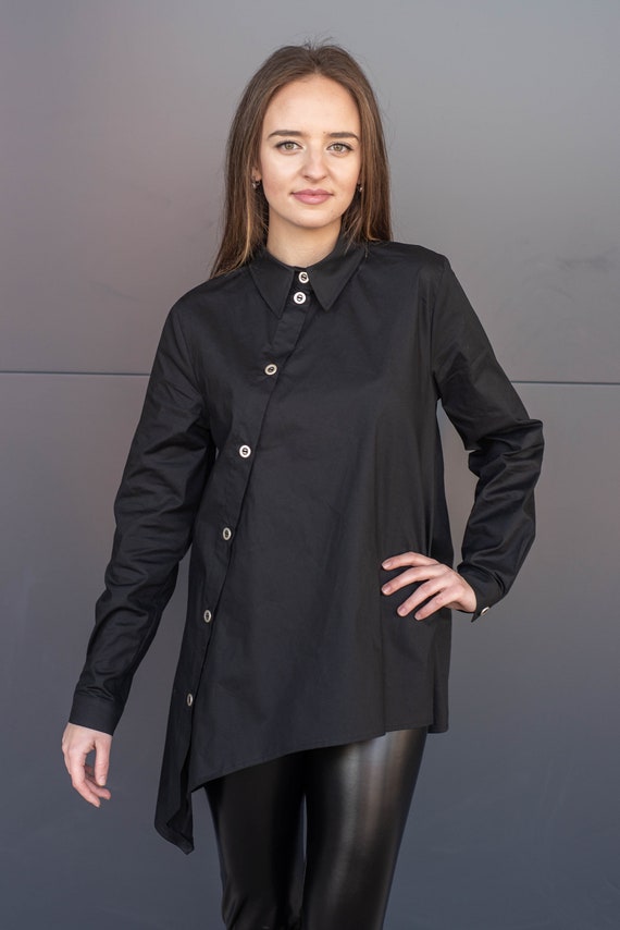 Ultra-fashionable long sleeve cotton shirt with cuffs, asymmetric fastening, handmade tunic, A-line, perfect gift, Minimalist urban style.