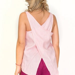 Linen Asymmetrical Top, Round Neck Summer Top,Open Back Top, Cross Back Blouse, Linen Tank Top, Linen Tunic,Bohemian Top,Minimalist Clothing