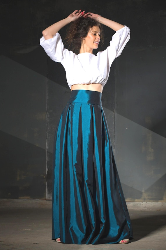 Beautiful Petrol Skirt, Party Skirt, Taffeta Skirt, High Waist Maxi Skirt, Special Occasion Skirt, Gorgeous Pearl Taffeta Skirt