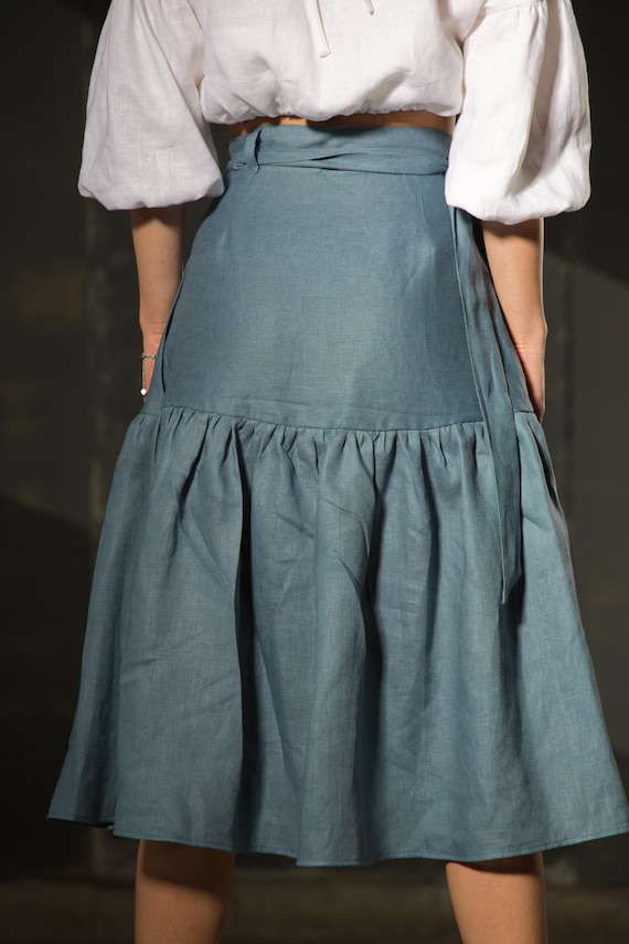 Linen Wrap Midi Skirt - Natural Linen Skirt with Ruffles and Pockets, Boho Style, Adjustable Tie, Comfortable Summer Wear