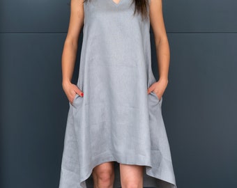 Gray Linen Dress, Asymmetrical Length, Sleeveless Dress With Side Pockets,Tunic Knee Length, Plus Size Women's Clothing, V-neck A-line Dress