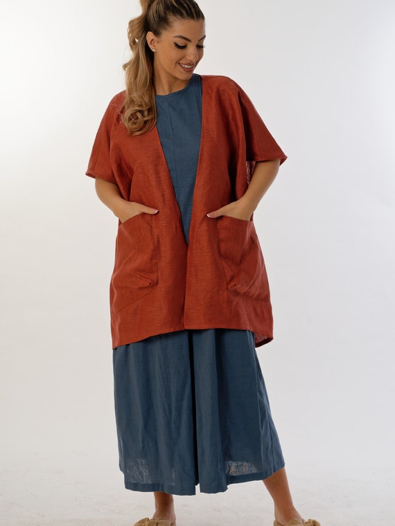 Short Sleeve Linen Kimono Jacket, Oversized Duster Coat, Minimalist Open Front Summer Cardigan, Loose Boxy Blazer for Women,Japanese fashion