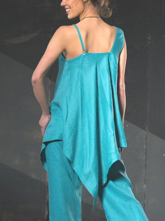 Handcrafted Turquoise Tunic with Irregular Straps, Artistic Design, Soft Linen Feel, Statement Piece, Perfect for Casual or Elegant Looks