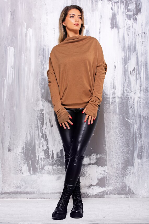 Women's A-line blouse, trendy turtleneck with back zipper accent, Long sleeves with thumb hole, Handmade clothing, Acrylic wool long top
