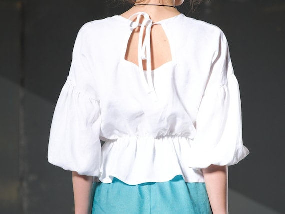 Linen blouse with balloon sleeves and open back, Linen crop top with ruffle at the waist, Blouse with long puffy sleeves, Victorian blouse