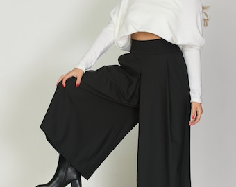 Black Viscose Palazzo Pants: Wide Leg Skirt Trousers