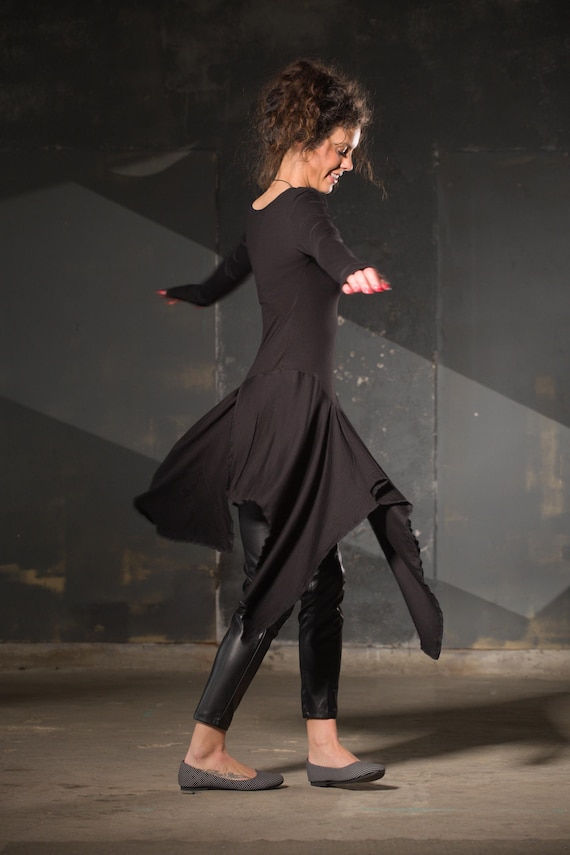 Long Black Asymmetrical Tunic,Tunic Sweater Women,Draped Tunic with Thumb Hole Sleevе,Festival Clothing,Distressed Tunic,Shredded Knit Top