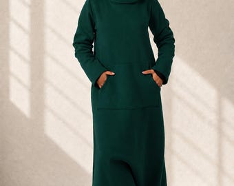 Dark Green Quilted Cotton Maxi Dress, Hooded Sweatshirt Style with Kangaroo Pocket
