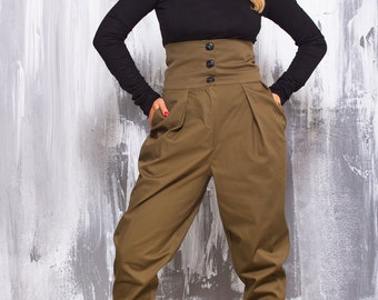 Ultra High Waisted Pleated Cargo Pants for Women, Button Front Wide Leg Tapered Trousers, Baggy Y2K Streetwear, Japanese Aesthetic Clothing