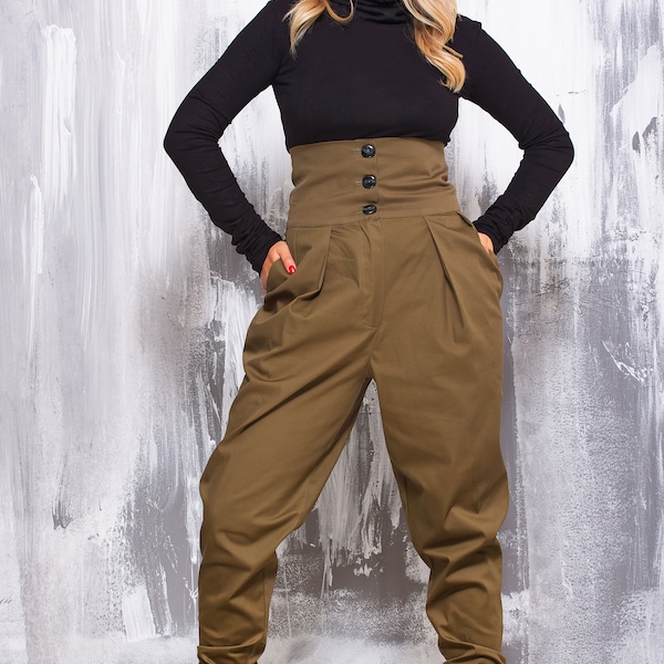 Pantalones cargo plisados de cintura ultra alta para mujer, pantalones cónicos de pierna ancha con botones delanteros, ropa de calle holgada Y2K, ropa estética japonesa