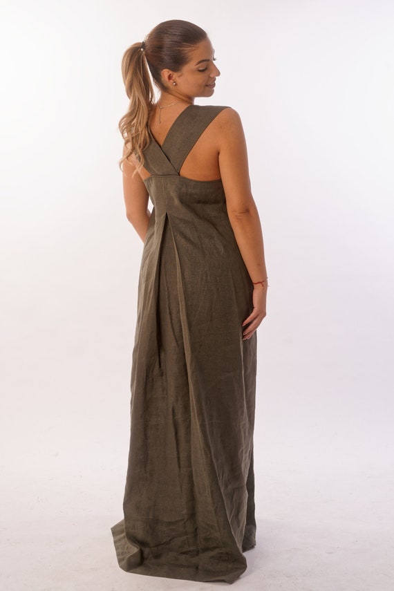 Loose Maxi Linen Apron Dress with Cross Back Straps, Super Oversized Sleeveless Bohemian Flowy Dress, Minimalist Understated Vacation Wear