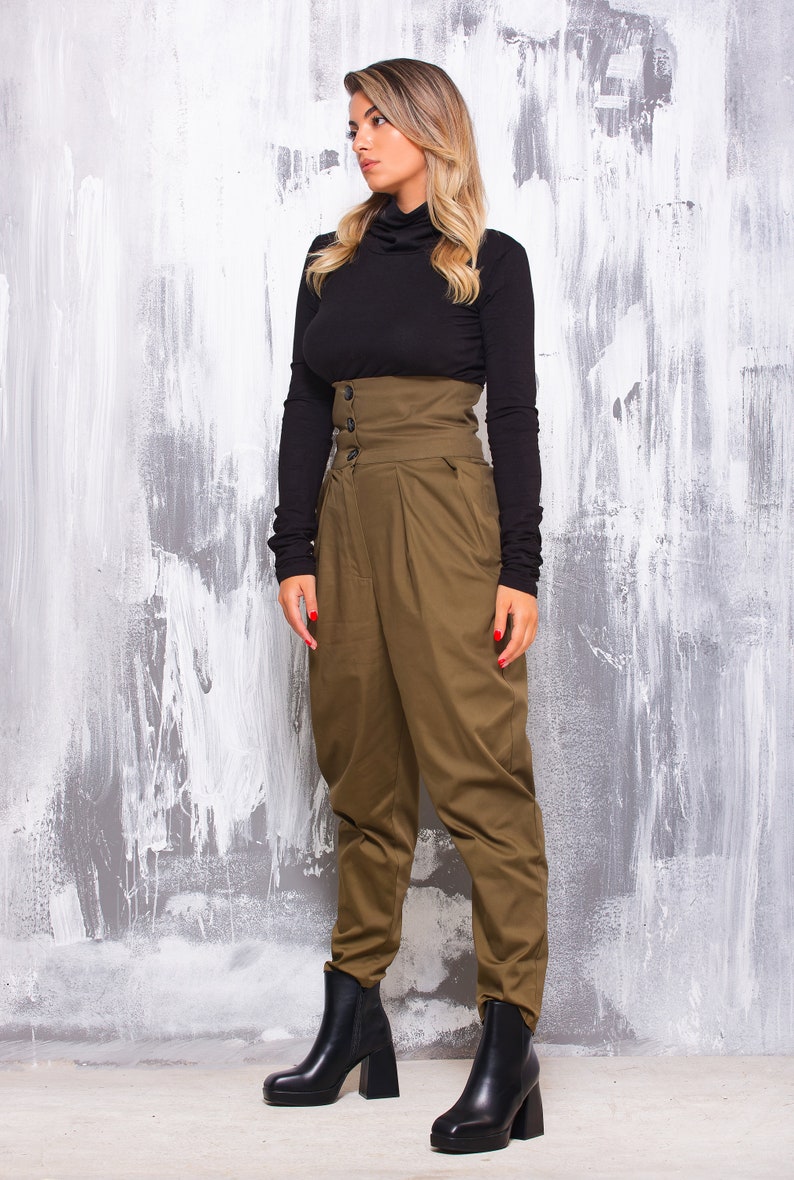 Pantalon cargo plissé taille ultra haute pour femme, Pantalon fuselé large boutonné sur le devant, Streetwear ample Y2K, Vêtements esthétiques japonais image 6