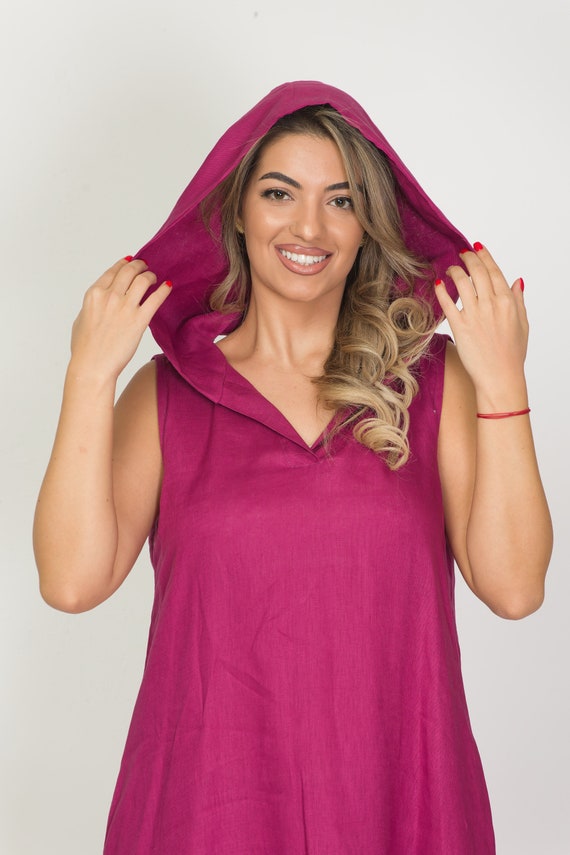 Fashion Linen Dress with Big Hood and Pockets, Balloon Dress, Parachute Dress, Adjustable Length, Sleeveless Kaftan, Purple Occasion Dress