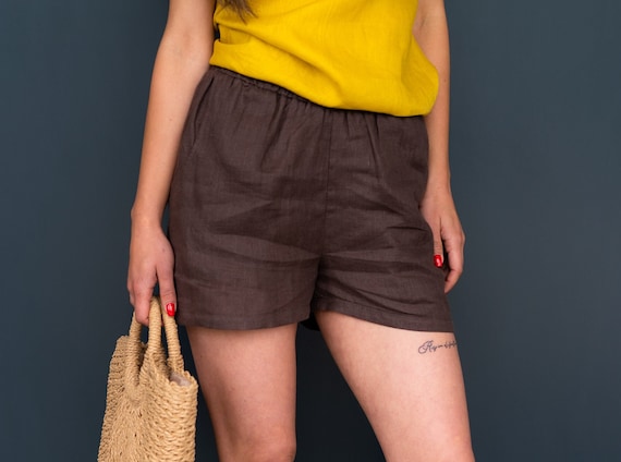 Plain Linen Shorts for Women,High Waist Shorts with POCKETS,Festival Shorts,Pleated Shorts,Ethical Fashion Boho Shorts,Elastic Waist Shorts