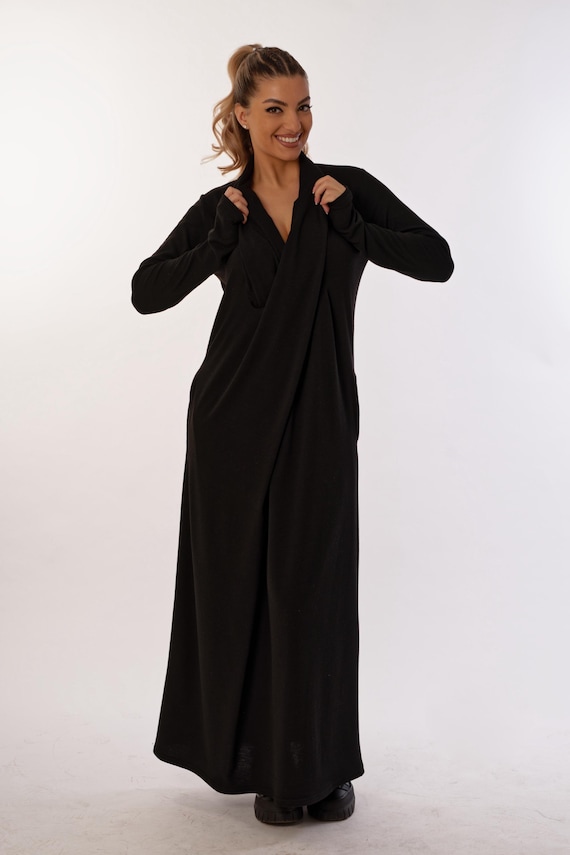 Autumn winter long dress,Long Sleeve Knitted Kimono, Kimono Dress, Maxi Dress, Japanese Dress, Turned flowy collar