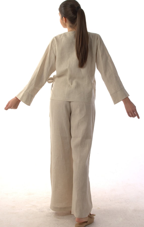 Linen Set, Wide Loose Pants with Elastic Waist, Short Kimono with Wide Sleeves and Pocket, Tie Up Hug Me Top and V- Neckline, Homemade linen