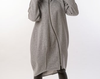 Abrigo largo asimétrico con capucha estilo cyberpunk hecho a mano para mujer, chaqueta de algodón vanguardista, futurista.