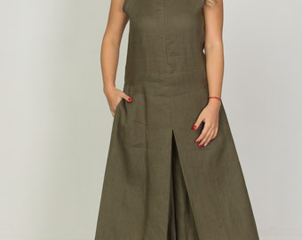 Women's Linen Midi Jumpsuit, Palazzo Overall With Pockets, V-Neck, Concealed Zipper Closure, Flamboyant, Fashionable and Stylish Look.