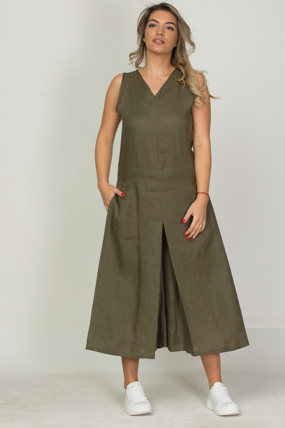 Women's Linen Midi Jumpsuit, Palazzo Overall With Pockets, V-Neck, Concealed Zipper Closure, Flamboyant, Fashionable and Stylish Look.