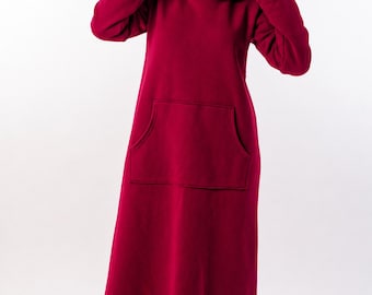 Red Quilted Cotton Hooded Maxi Dress, Cozy Winter Gown, Plus Size