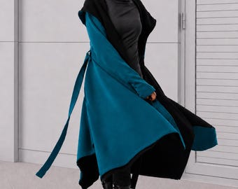 Petrol and Black Reversible Hooded Cardigan, Long Asymmetric Coat with Pockets and Thumb Holes