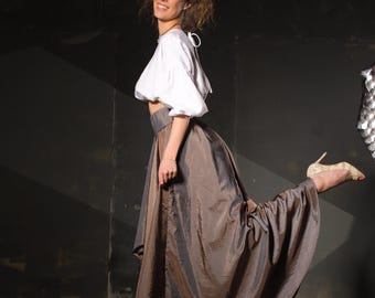 Handmade Pearl Taffeta Asymmetrical Maxi Skirt, Iridescent Fairycore Evening Skirt, Pockets