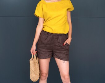 100% Natural Linen High Waist Shorts, Relaxed Fit Boho Summer Beach Wear