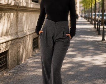 Gray Palazzo Pants, High Waisted Wide Leg Trousers, Elegant Pleated Office Pants