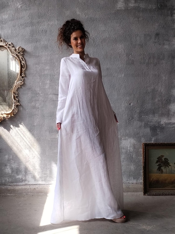 Linen Boho Dress,Linen Kaftan Long Sleeve, Natural Linen Abaya, Linen wedding guest dress, Rustic Style Bridal Dress, Academic Style Dress