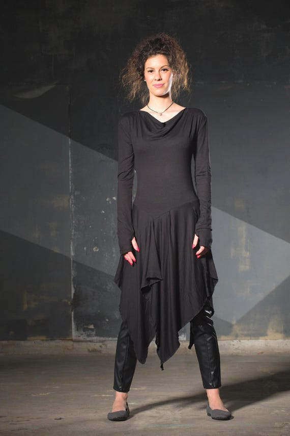 Long Black Asymmetrical Tunic,Tunic Sweater Women,Draped Tunic with Thumb Hole Sleevе,Festival Clothing,Distressed Tunic,Shredded Knit Top