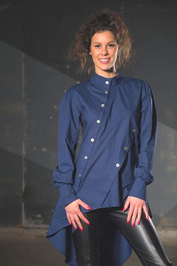 Women's Cotton Tunic,Tunics for Women,Asymmetric Long Blouse,Shirt Puff Sleeve,Tunic with Asymmetrical Details,Blue Shirt,Cotton Clothing