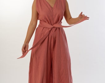 Combinaison palazzo en lin sans manches faite main pour femme, une-pièce d'été à jambe large, tenues de villégiature