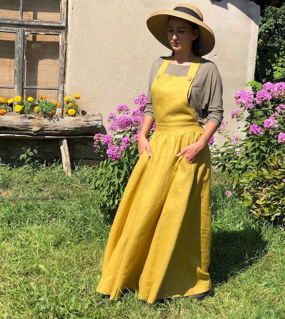 Linen Pinafore, Square Cross Linen Apron,Linen Skirt Apron,Linen Front, Kaftan With Straps And Elastic Waist, Mustard Sundress, Garden Dress