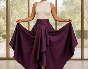 Plum Taffeta High-Low Maxi Skirt with Asymmetrical Cascade and Pockets